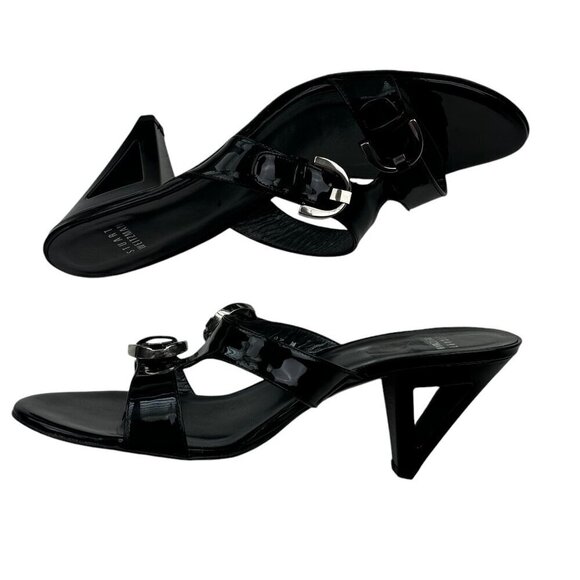 Stuart Weitzman Black Patent Leather Buckle Triangle Cutout Heels Women's SZ 8.5 - Picture 5 of 11